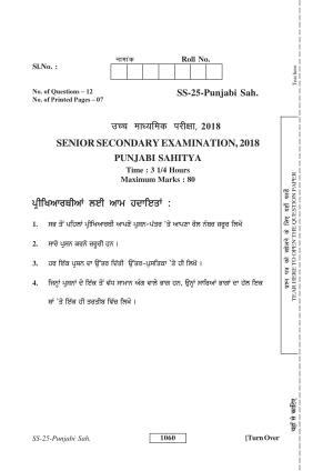 Class 12 2018 Punjabi Sahitya RBSE Question Paper
