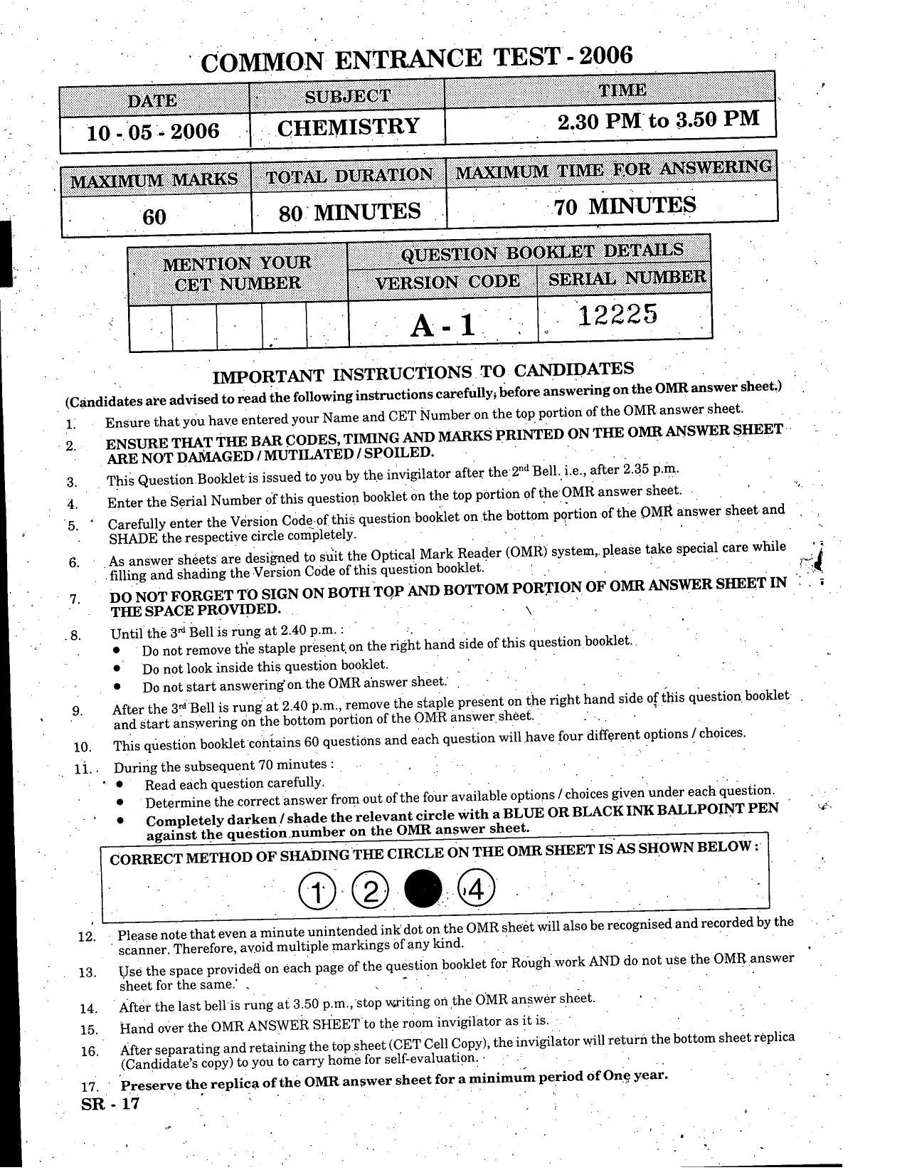 KCET Chemistry 2006 Question Papers - Page 1