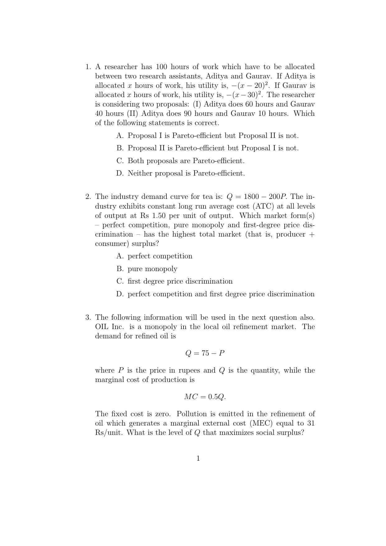 ISI Admission Test M.S.(QE) PEB 2017 Sample Paper - Page 1
