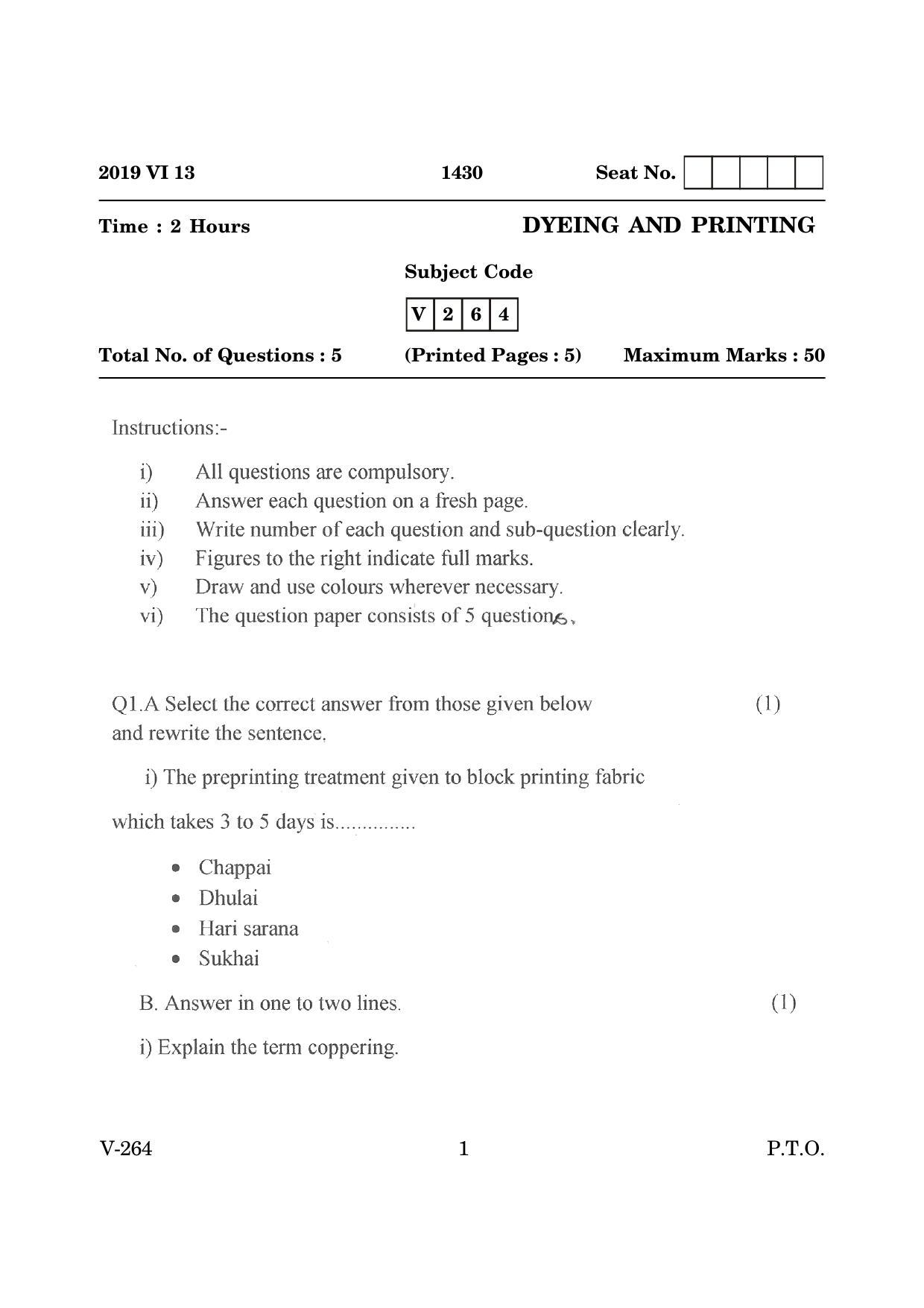 Goa Board Class 12 Dyeing and printing   (June 2019) Question Paper - Page 1