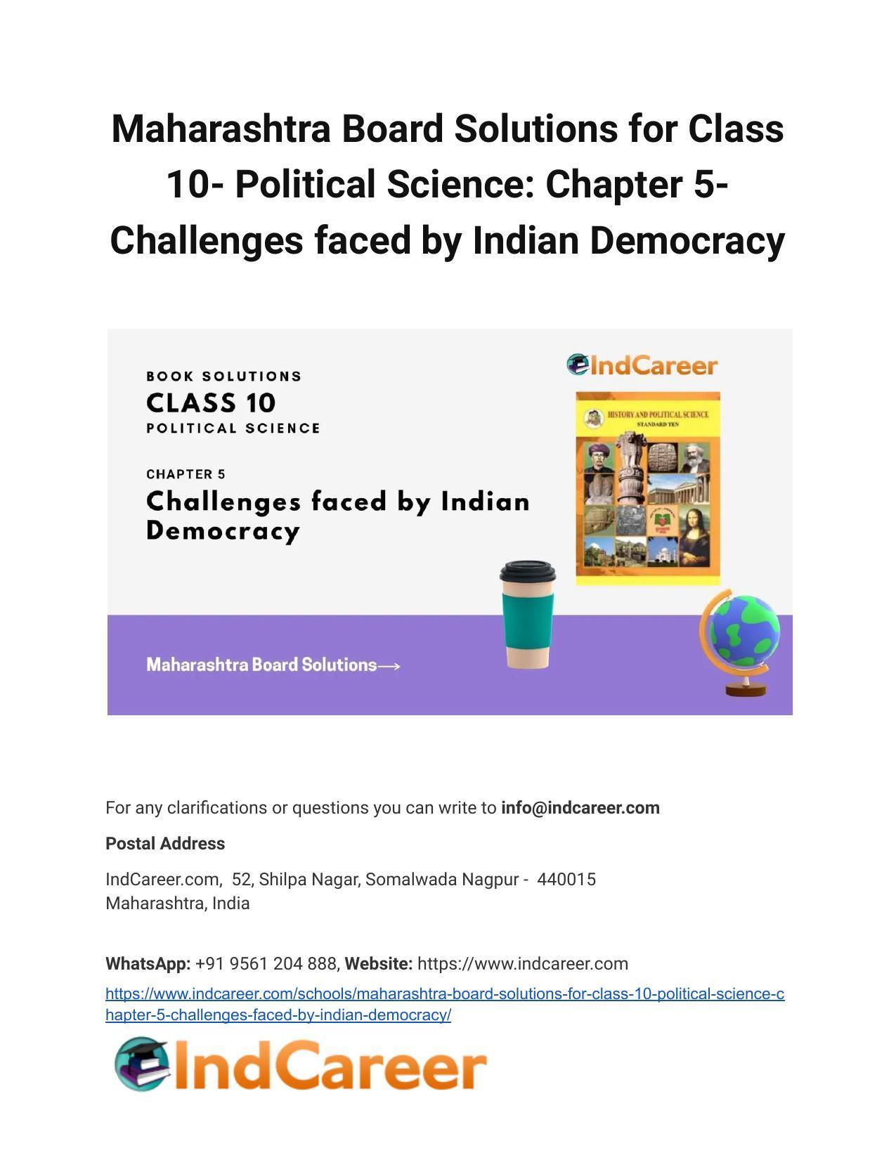Maharashtra Board Solutions for Class 10- Political Science: Chapter 5- Challenges faced by Indian Democracy - Page 1