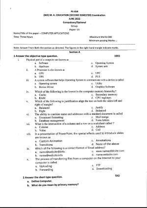 Bilaspur University Question Paper June 2022:M.A.Education (Second Semester) Computer Applications Paper 1