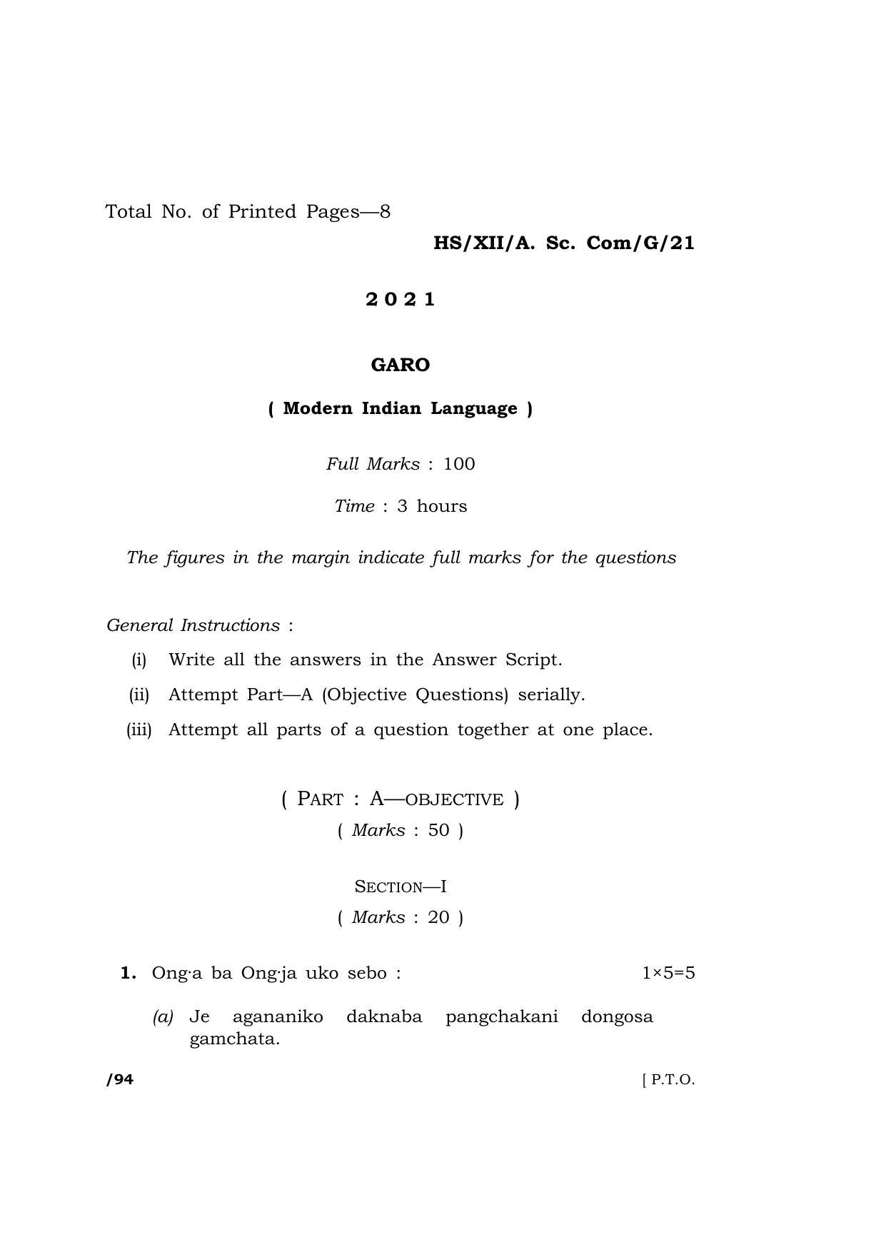 Meghalaya Board (MBOSE) Class 12 GARO  (HS-XII-A. Sc. Com-G-21) 2021 Question Paper - Page 1