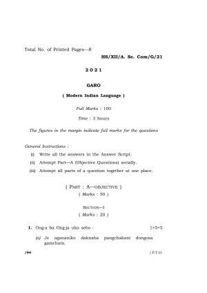 Meghalaya Board (MBOSE) Class 12 GARO  (HS-XII-A. Sc. Com-G-21) 2021 Question Paper