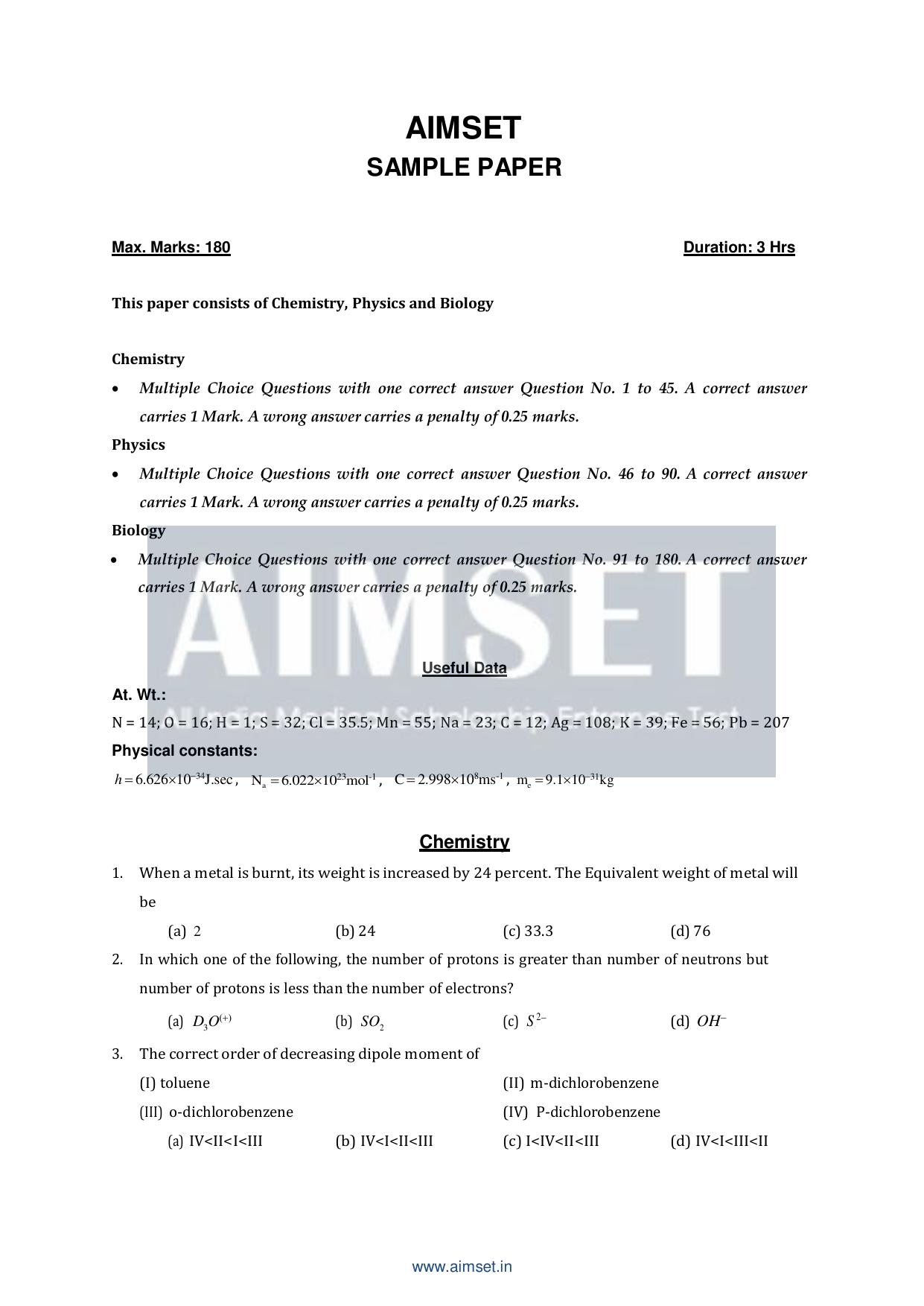 AIMSET 2024 Sample Paper - II - Page 2