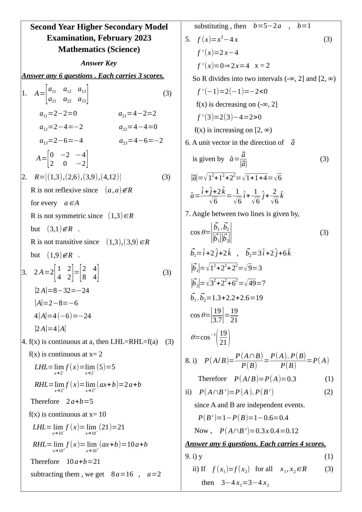 Kerala Plus Two 2023 Maths (Science) Model Answer key - Page 1