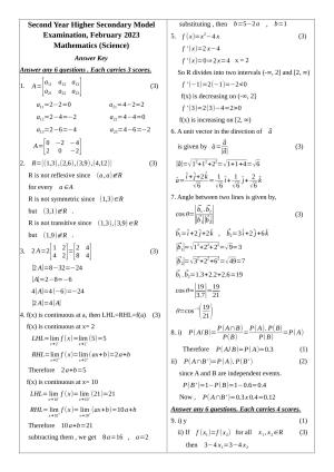 Kerala Plus Two 2023 Maths (Science) Model Answer key