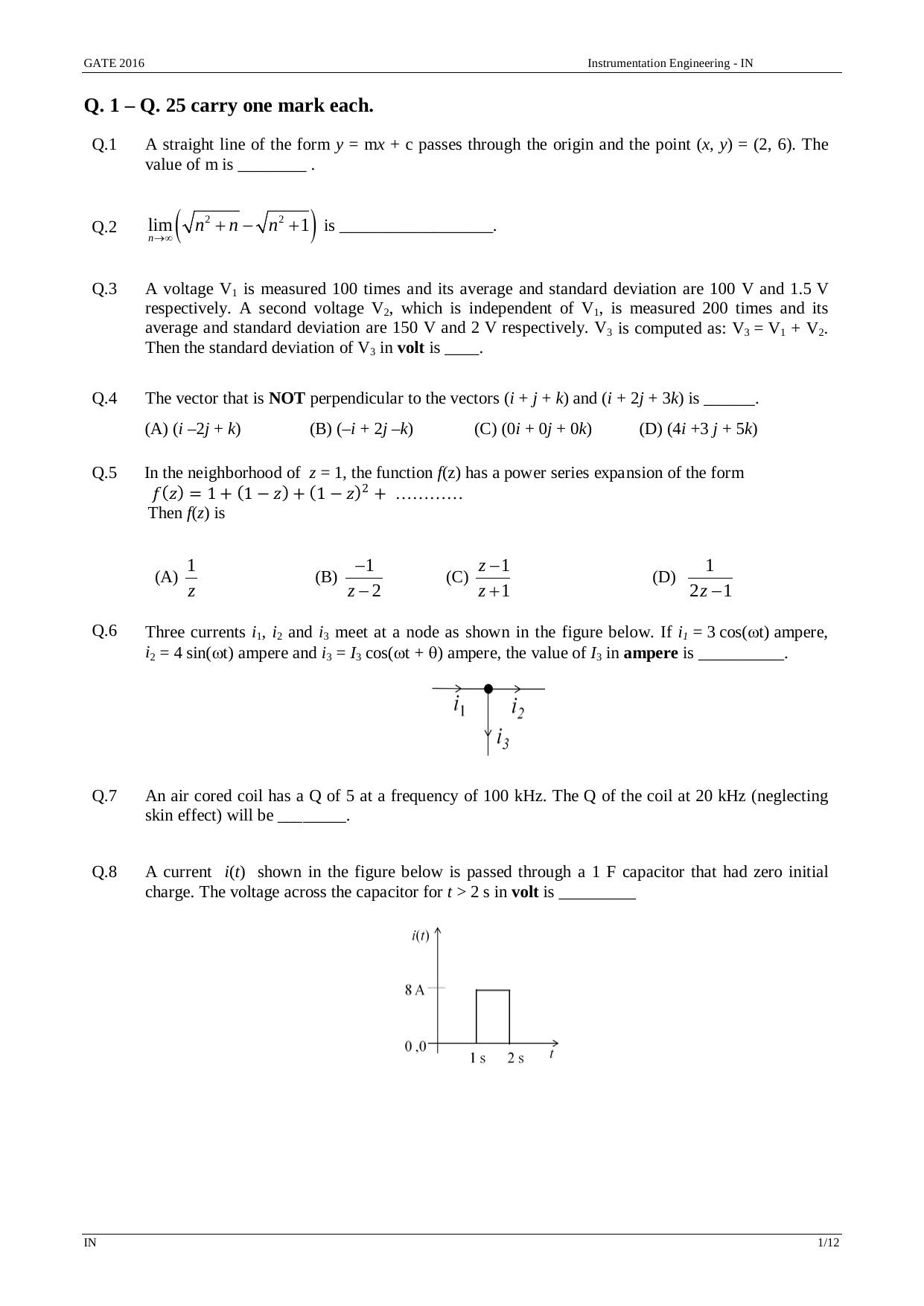 GATE 2016 Instrumentation Engineering (IN) Question Paper with Answer Key - Page 4