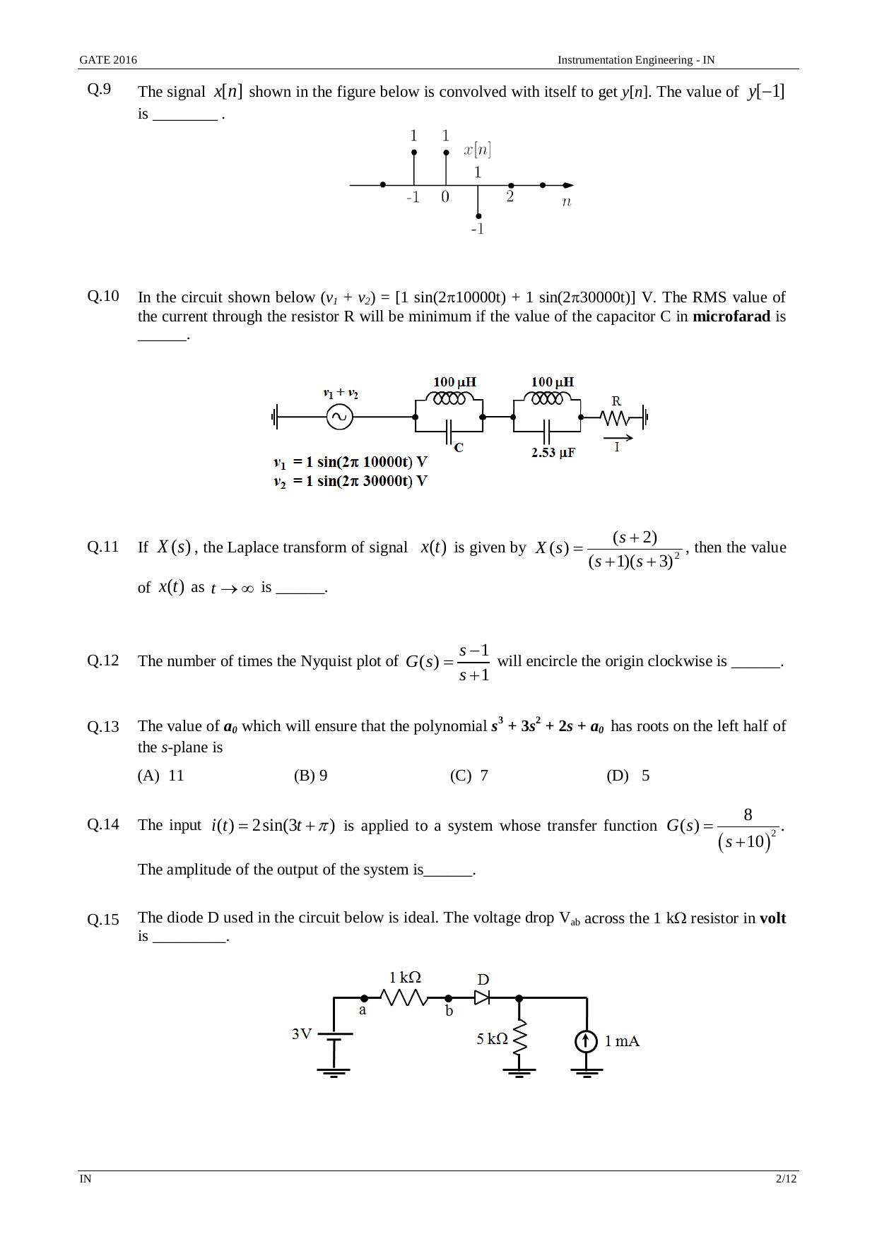 GATE 2016 Instrumentation Engineering (IN) Question Paper with Answer Key - Page 5