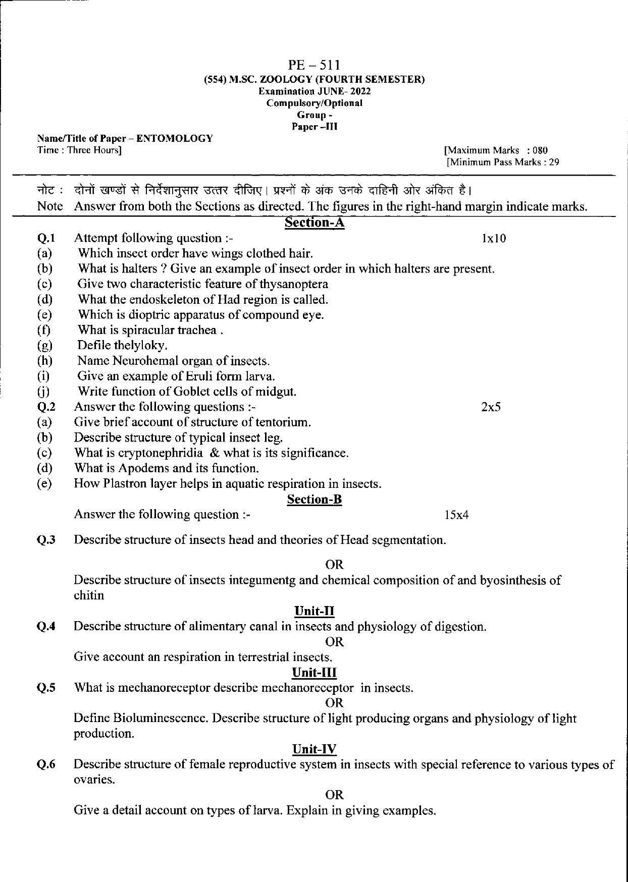 Bilaspur University Question Paper June 2022:M.Sc. Zoology (Fourth Semester) Entomology Paper 1 - Page 1