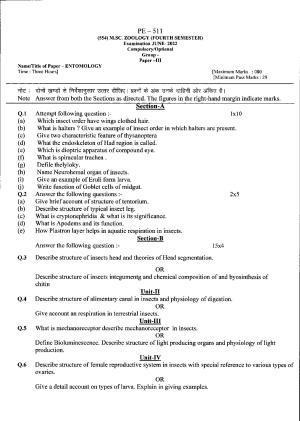 Bilaspur University Question Paper June 2022:M.Sc. Zoology (Fourth Semester) Entomology Paper 1