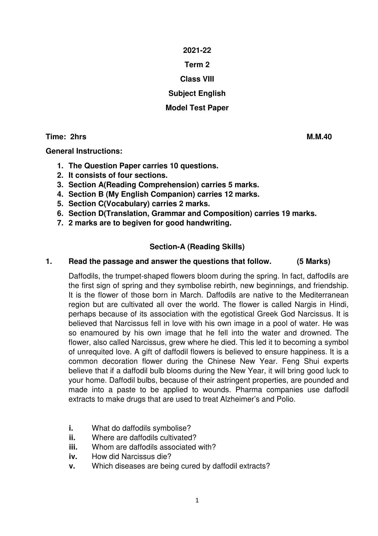 PSEB Class 8th (Term 2) English Model Paper 2021-22 - Page 1