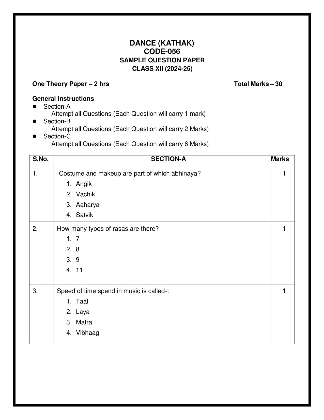 CBSE Class 12 Kathak Sample Question Paper 2024-25 - Page 1
