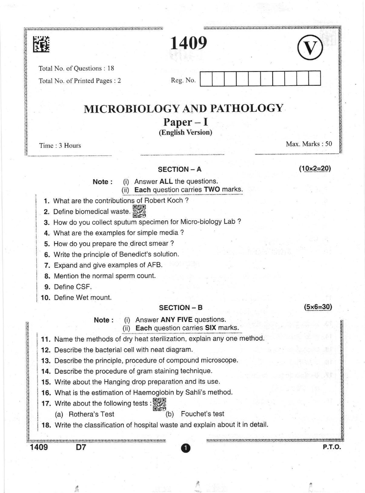 AP Intermediate 2nd Year Vocational Question Paper September-2021 - Microbiology&Pathology-I - Page 1