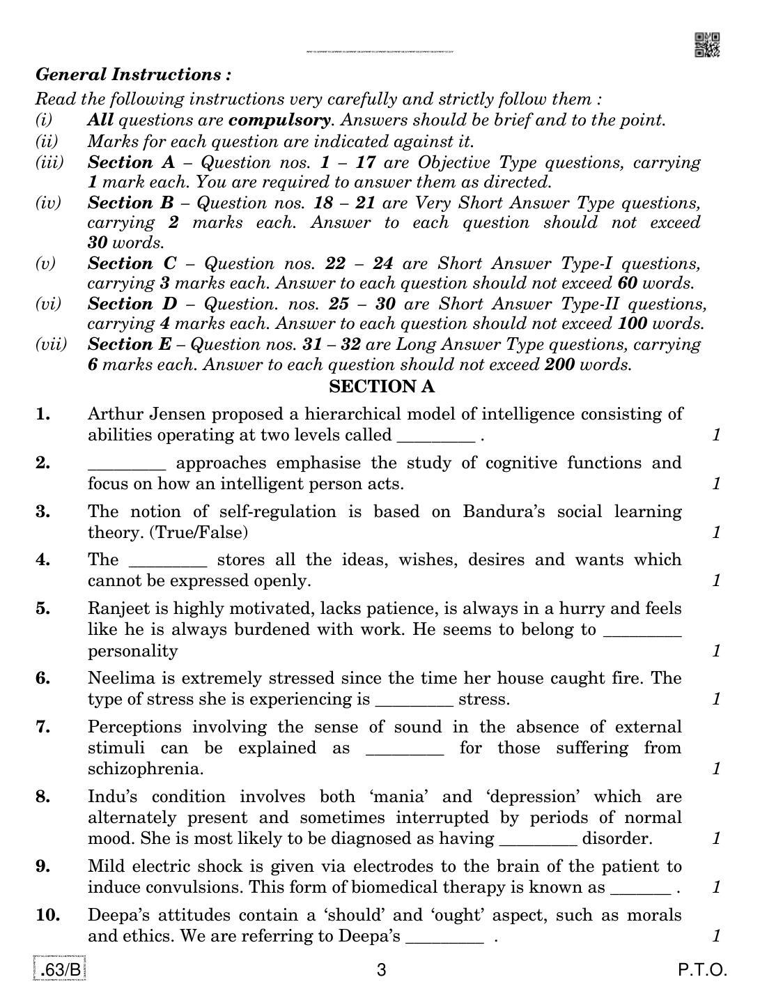 CBSE Class 12 Psychology 2020 Compartment Question Paper - Page 3