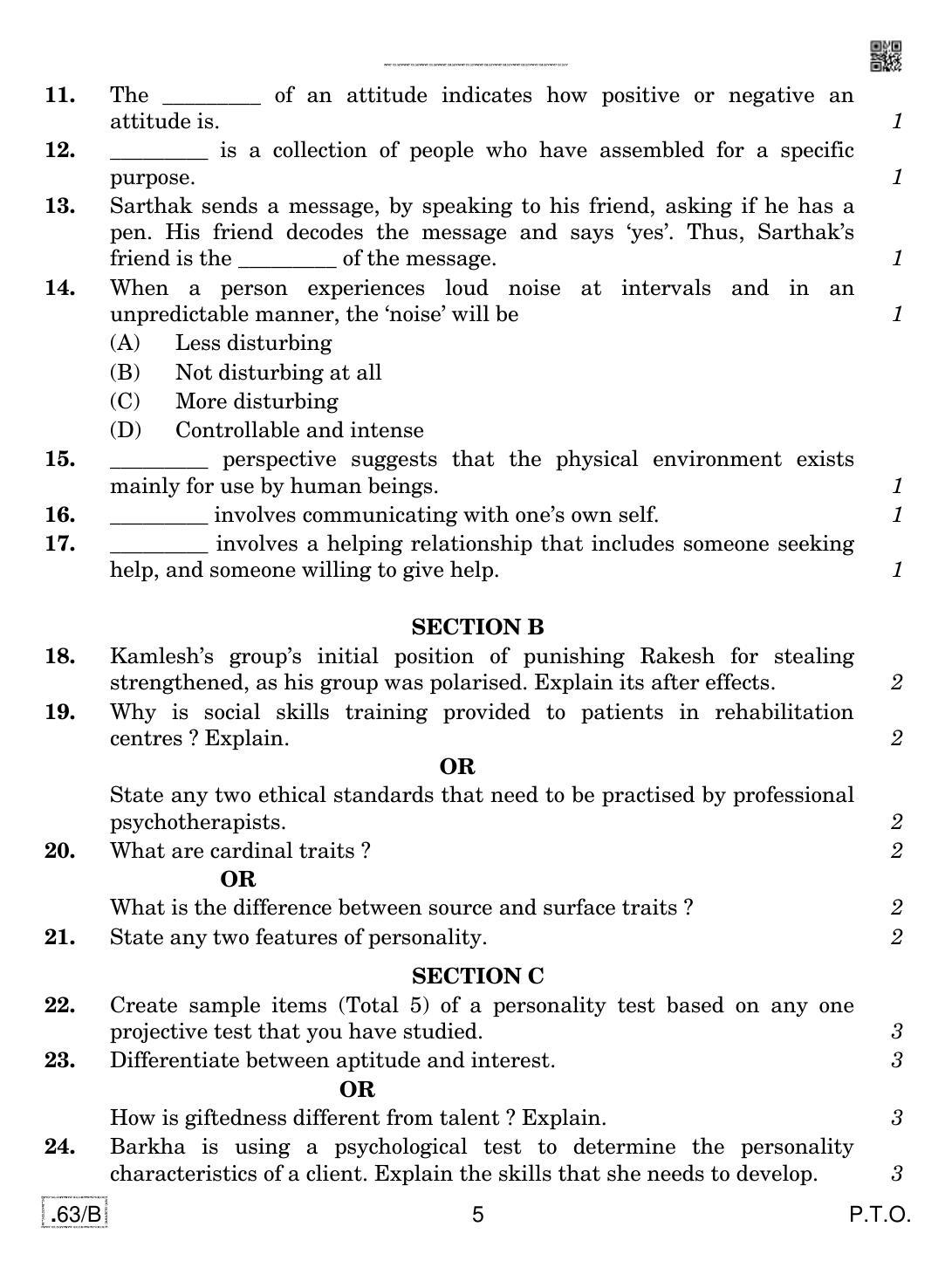 CBSE Class 12 Psychology 2020 Compartment Question Paper - Page 5
