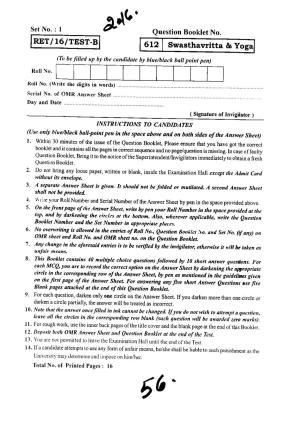BHU RET SWASTHAVRITH & YOGA 2016 Question Paper