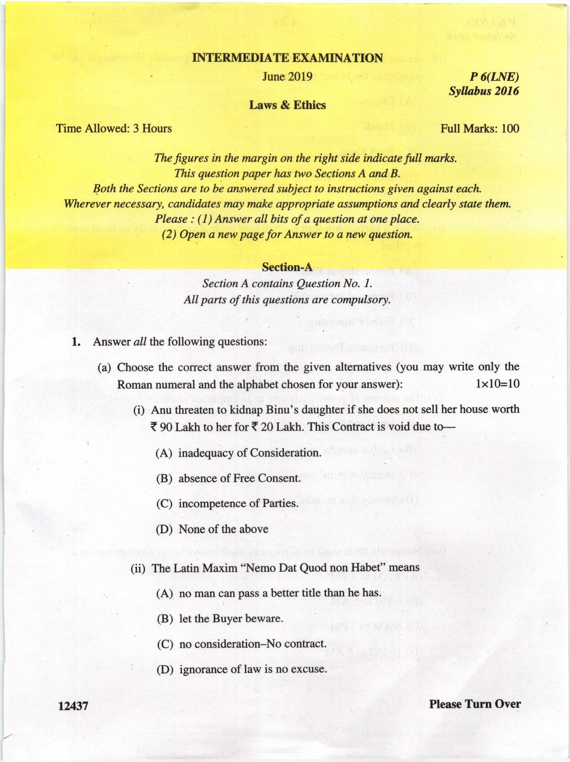 ICMAI June 2019 Laws and Ethics Question Paper - Page 1