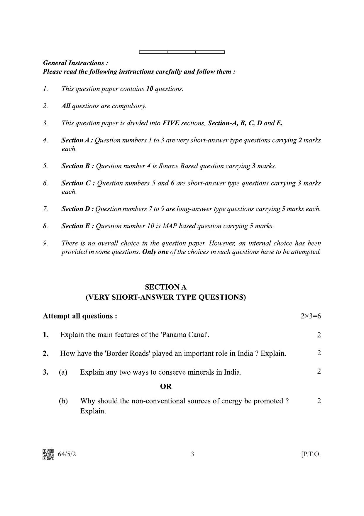 CBSE Class 12 64-5-2 Geography 2022 Question Paper - Page 3