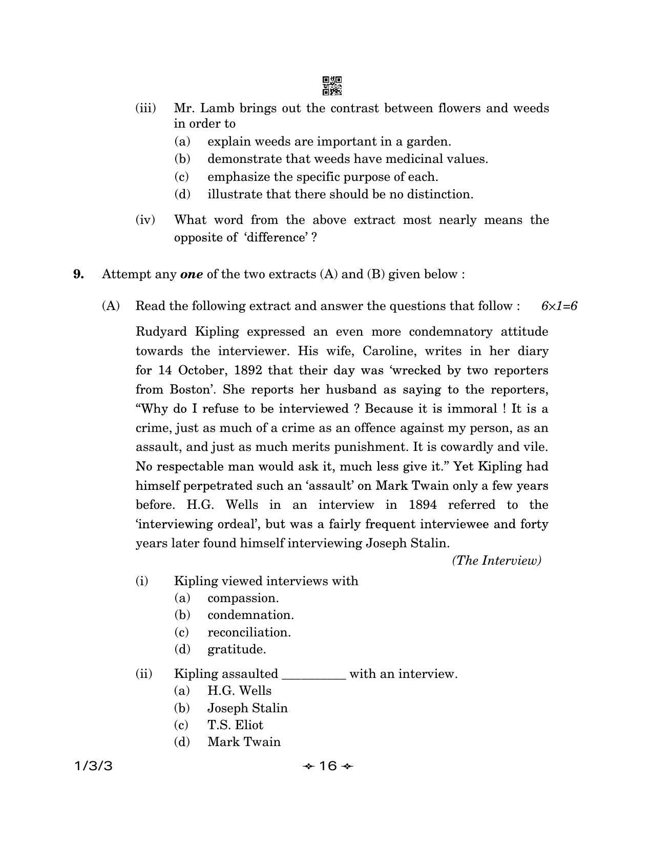 CBSE Class 12 1-3-3 English Core 2023 Question Paper - Page 16