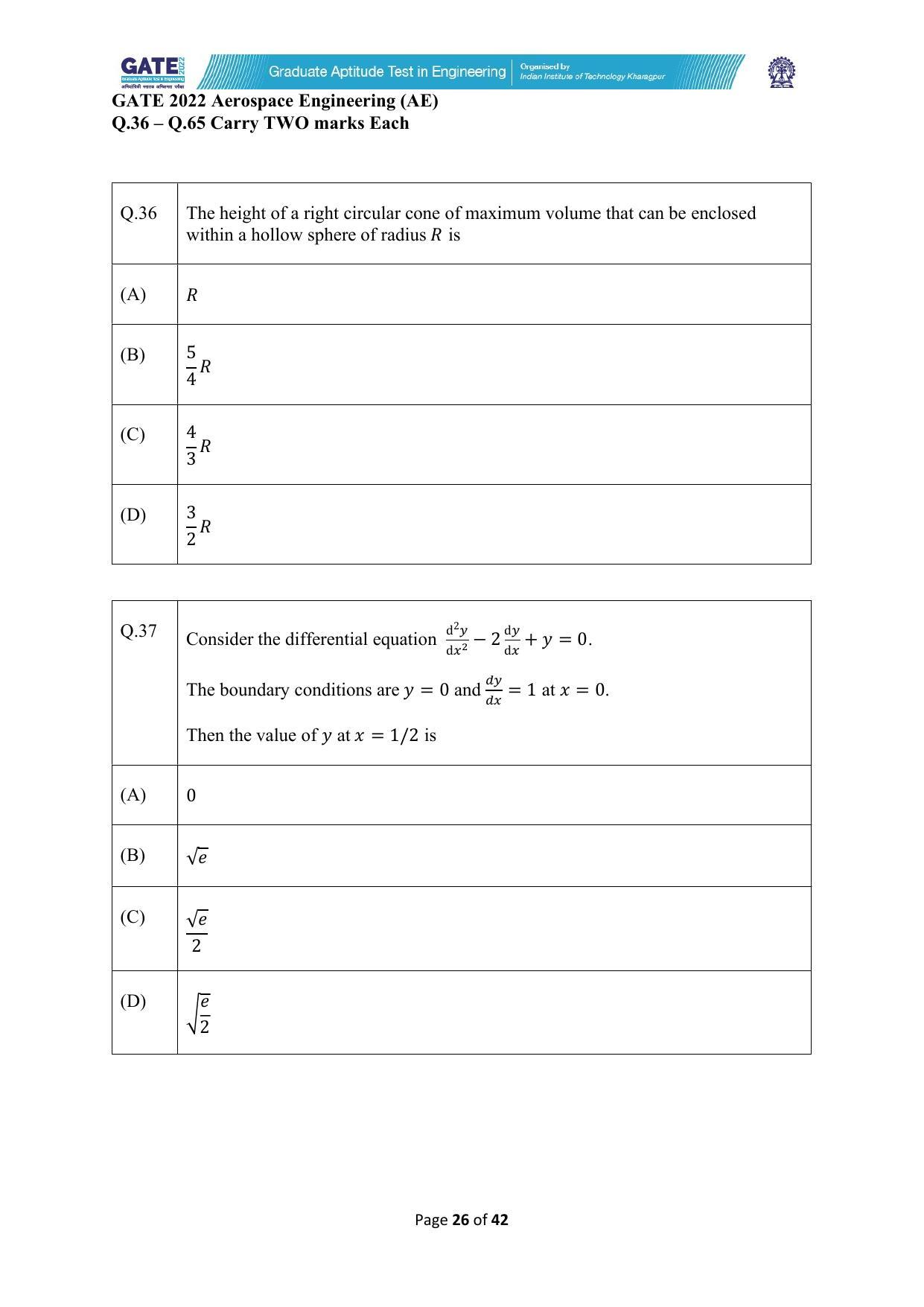 GATE 2022 Aerospace Engineering (AE) Question Paper - Page 26