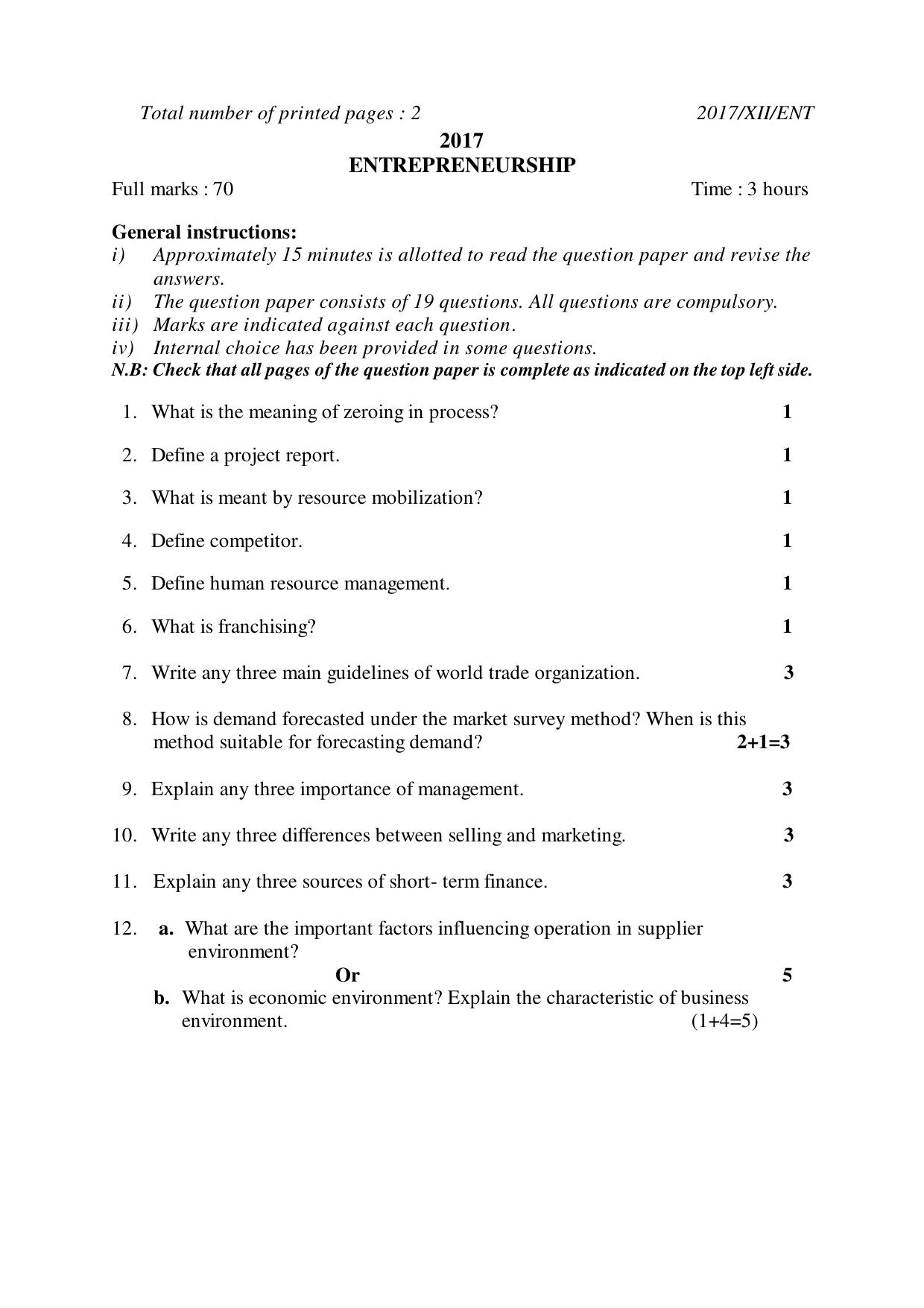 Nagaland Board Class 12 ENTREPRENEURSHIP 2017 Question Papers - Page 1