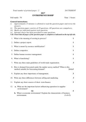 Nagaland Board Class 12 ENTREPRENEURSHIP 2017 Question Papers