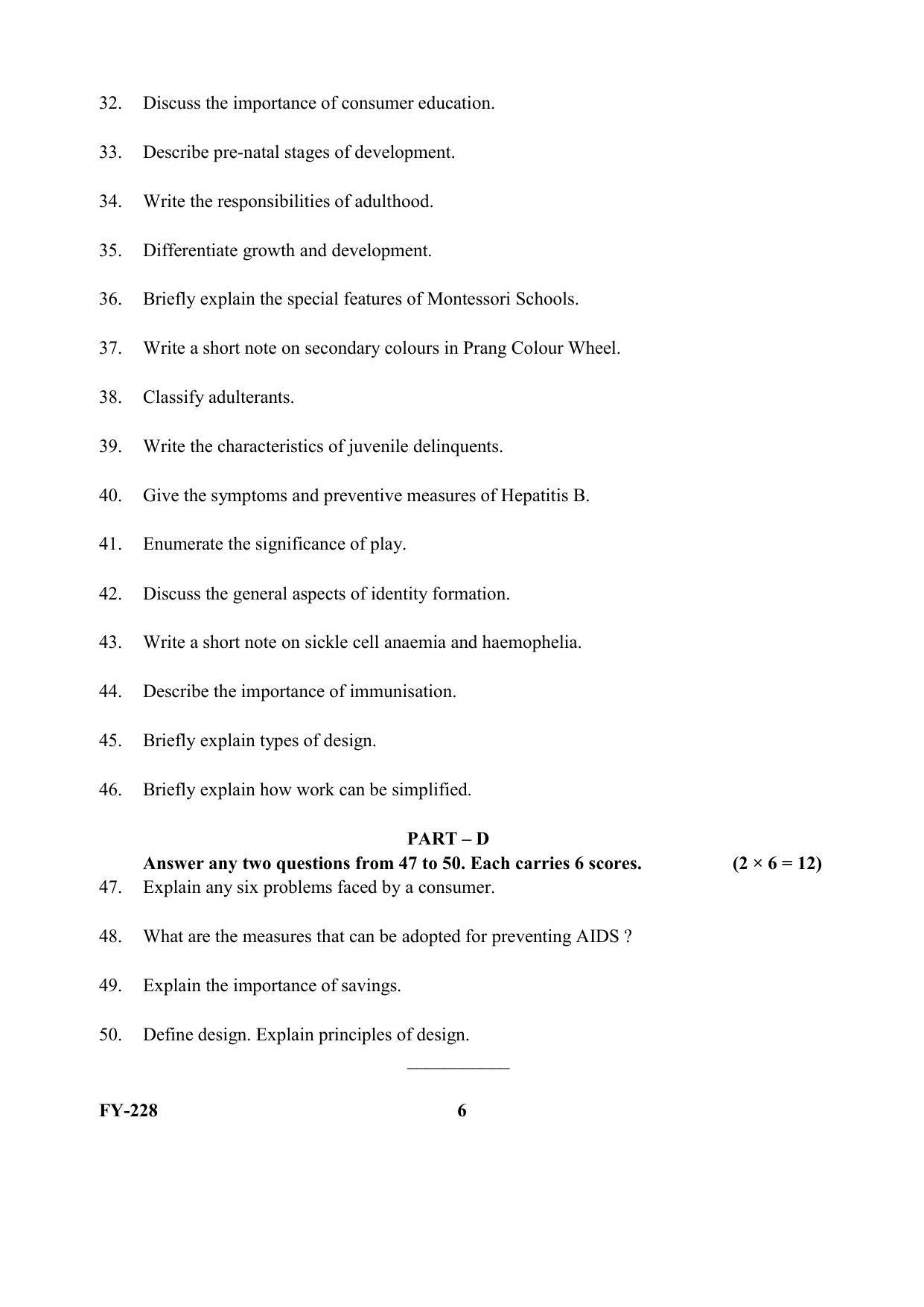 Kerala Plus One (Class 11th) Home Science Question Paper 2021 - Page 6