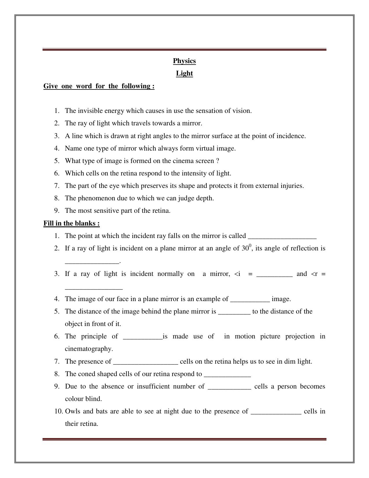 CBSE Worksheets for Class 8 Science Light Assignment - Page 1