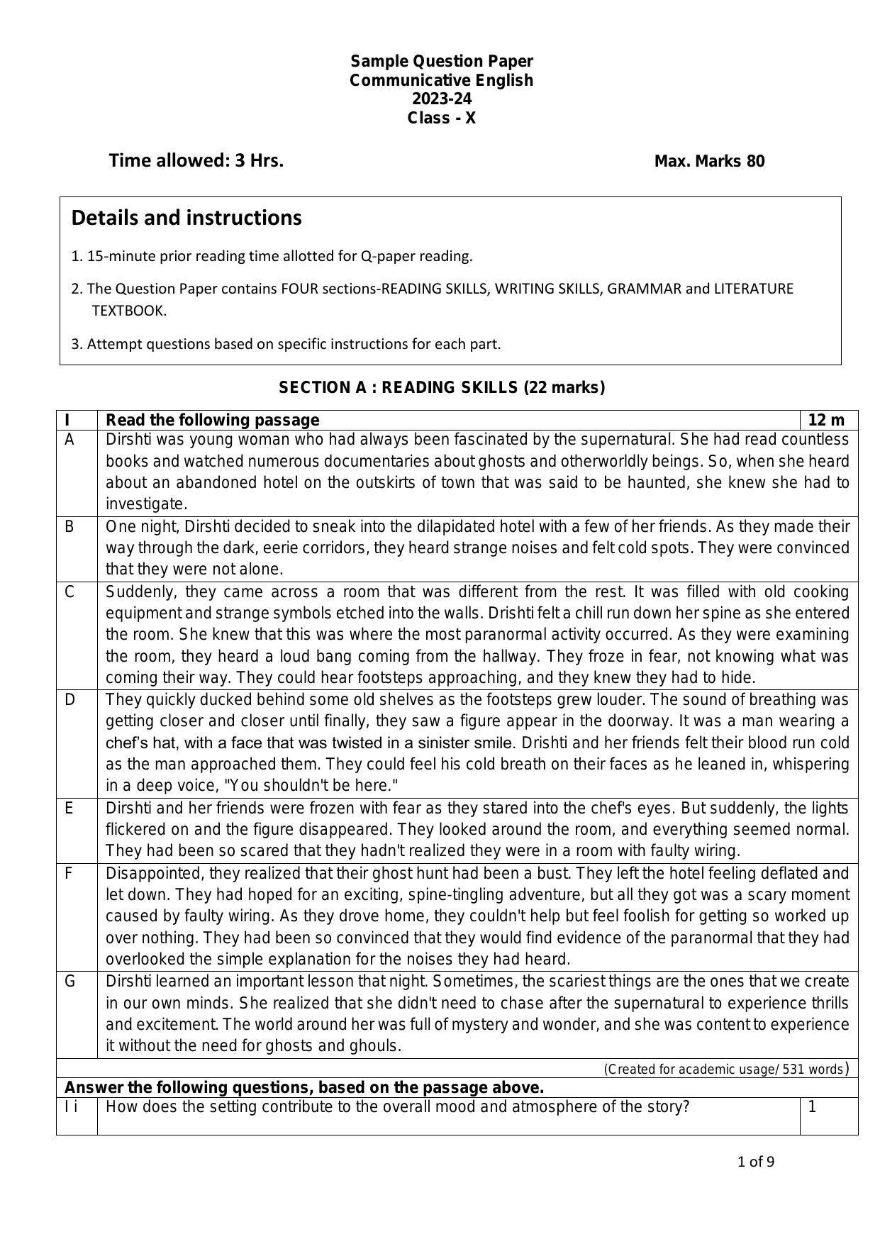 CBSE Class 10 English (Communicative) Sample Paper 2024 - Page 1