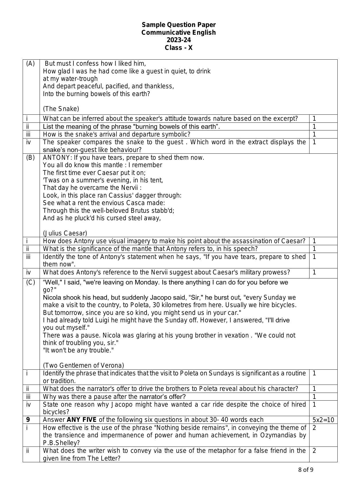 CBSE Class 10 English (Communicative) Sample Paper 2024 - Page 8