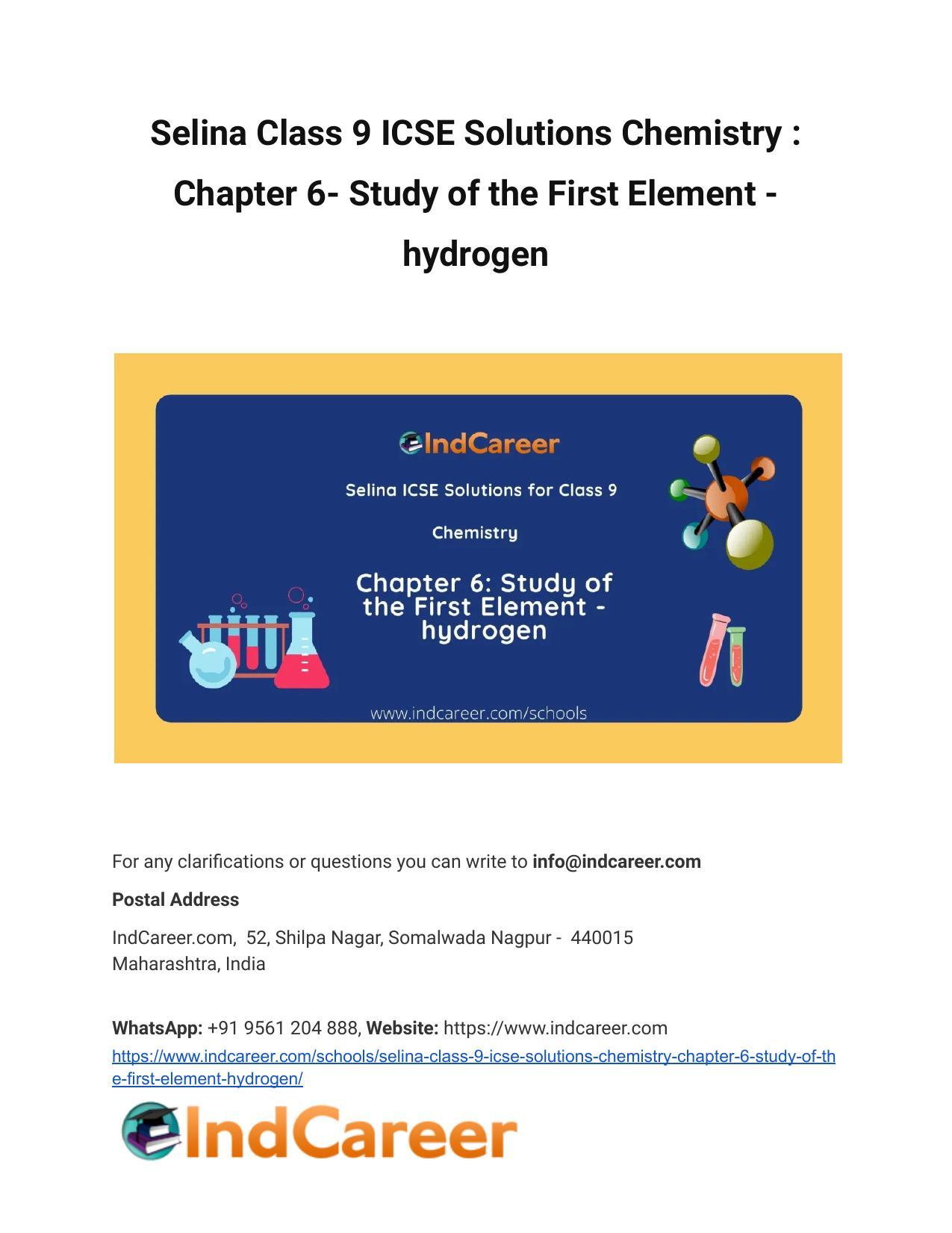 Selina Class 9 ICSE Solutions Chemistry : Chapter 6- Study of the First Element - hydrogen - Page 1