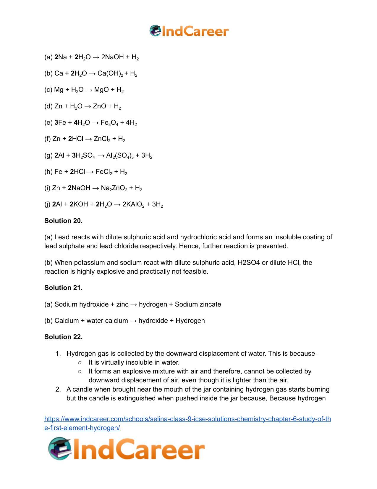 Selina Class 9 ICSE Solutions Chemistry : Chapter 6- Study of the First Element - hydrogen - Page 15