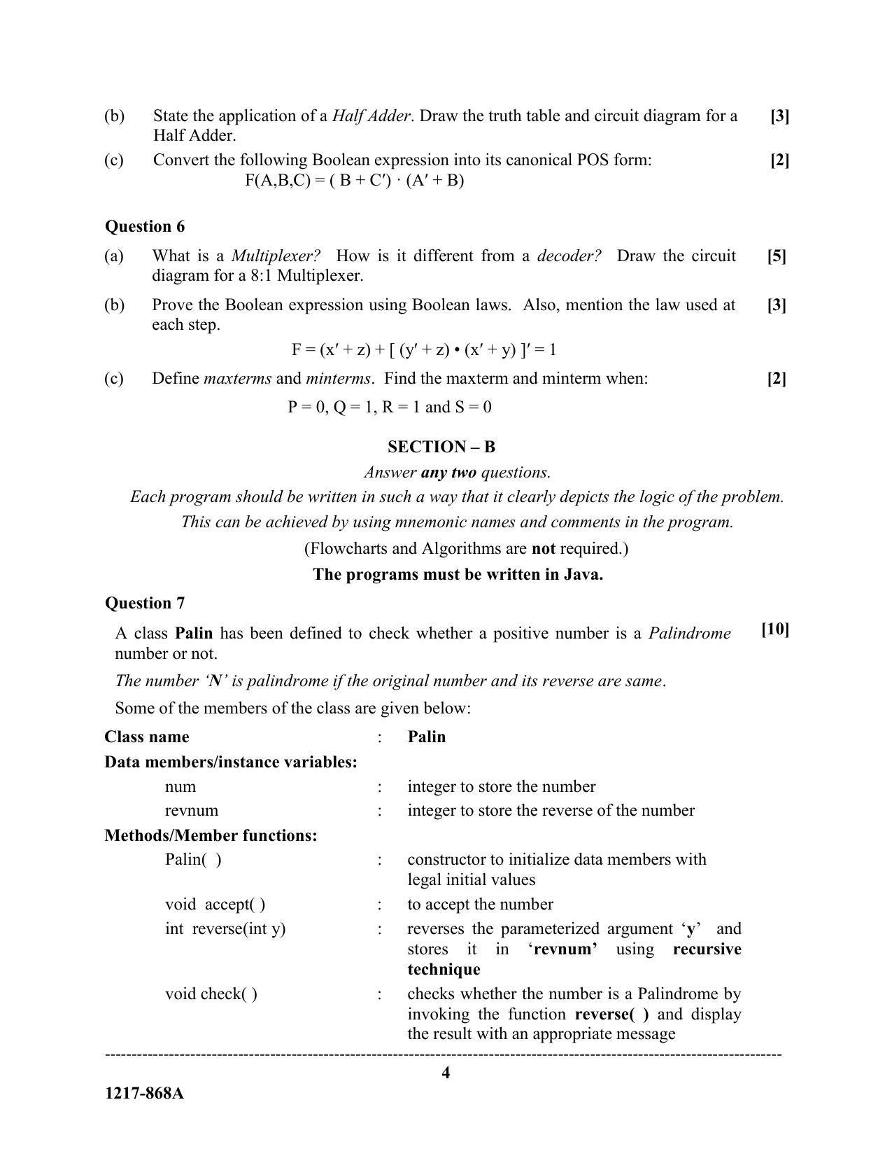ISC Class 12 2017 COMPUTER SCIENCE PAPER 1 (THEORY) Question Paper
