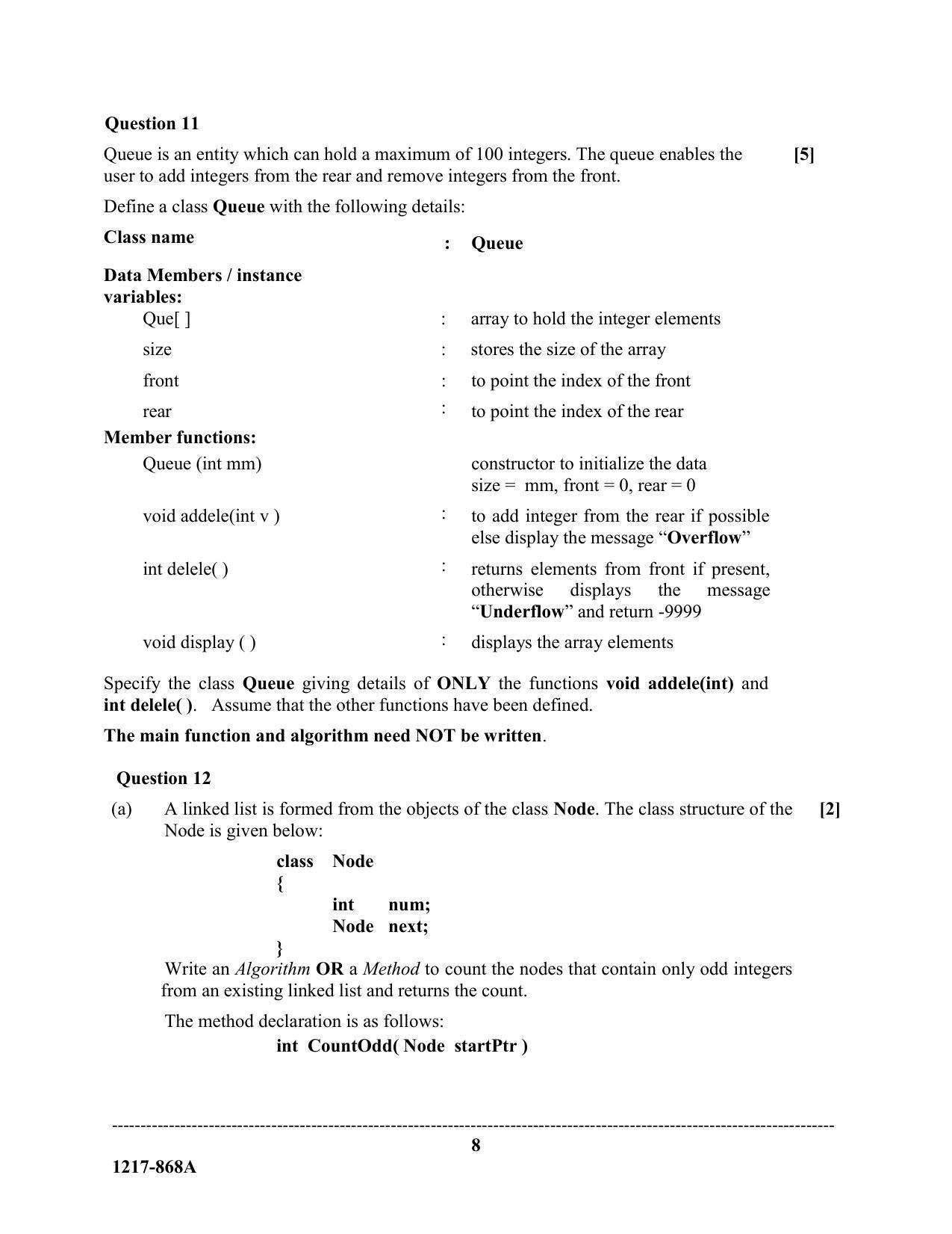 ISC Class 12 2017 COMPUTER SCIENCE PAPER 1 (THEORY) Question Paper