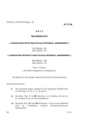 Meghalaya Board (MBOSE) Class 10 MATHEMATICS 2017 Question Paper