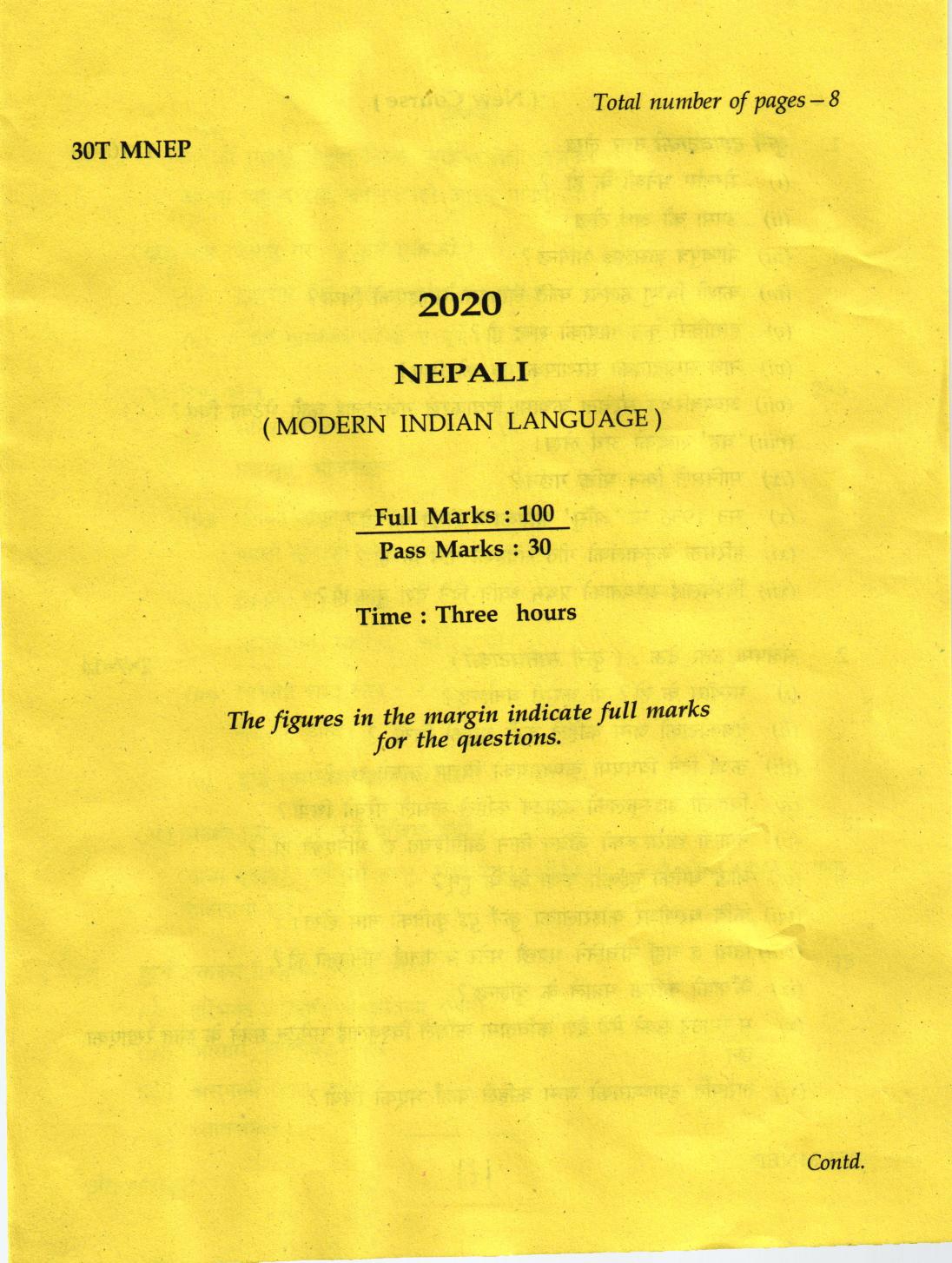 Assam HS 2nd Year Nepali MIL 2020 Question Paper - Page 1