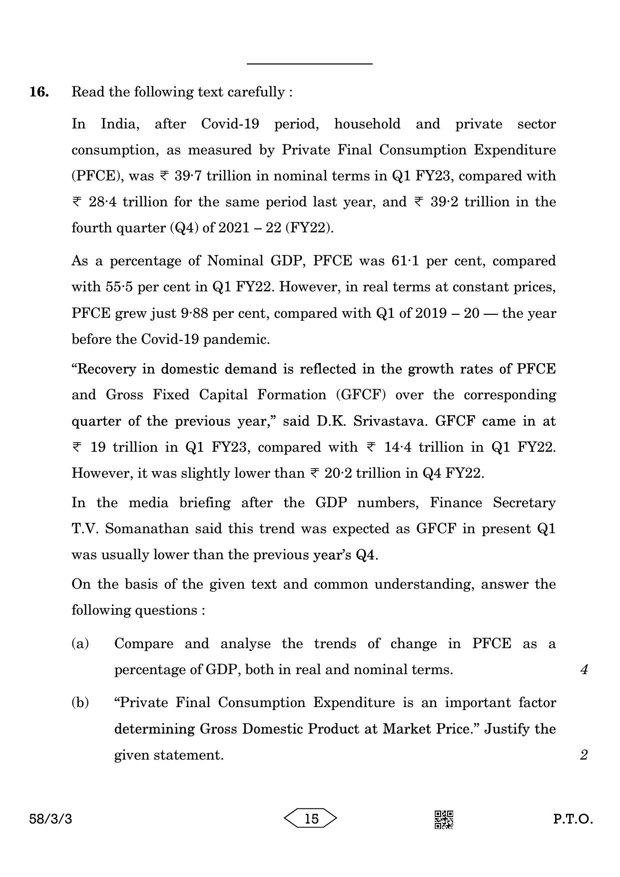 CBSE Class 12 58-3-3 Economics 2023 Question Paper - Page 15