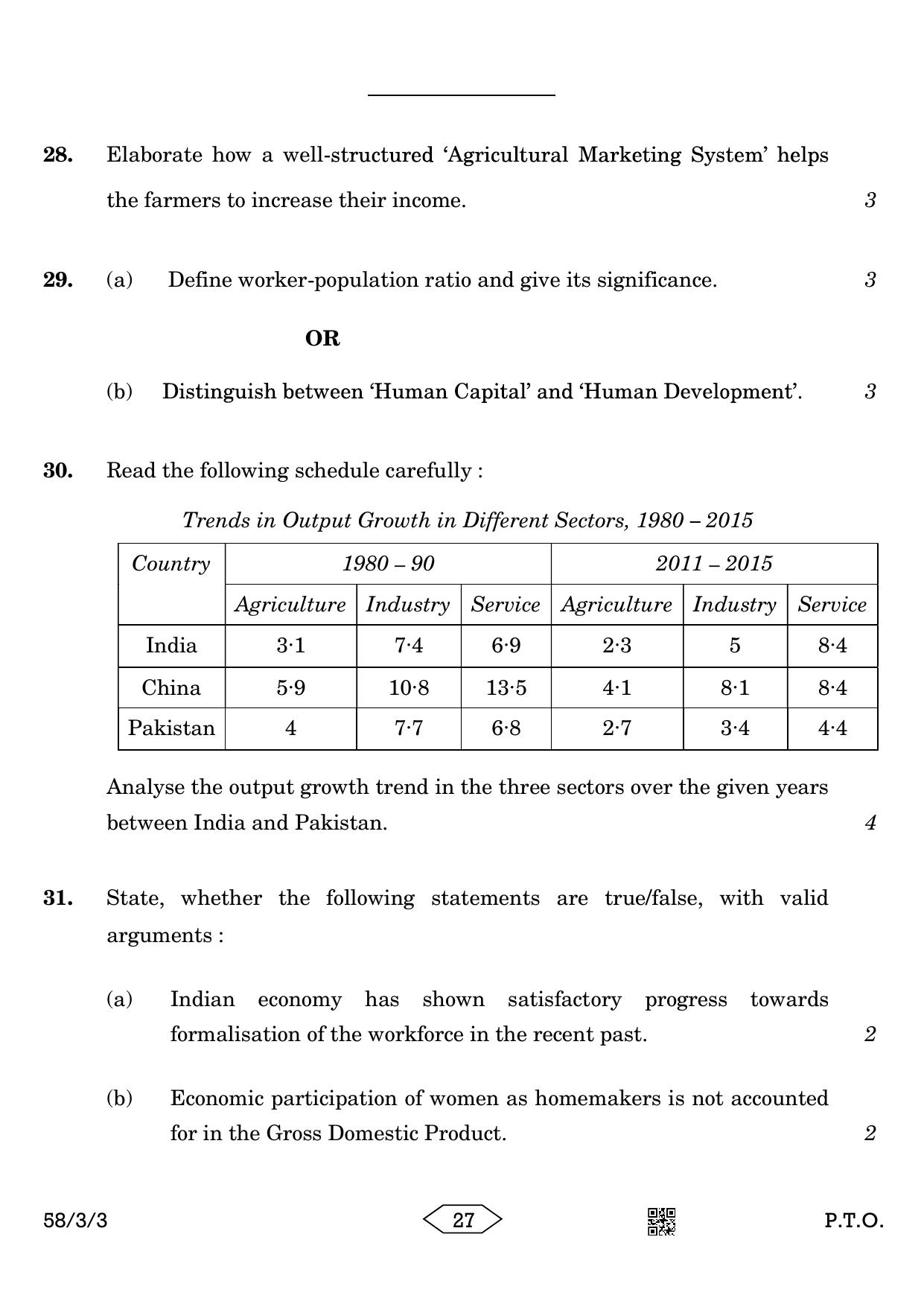 CBSE Class 12 58-3-3 Economics 2023 Question Paper - Page 27
