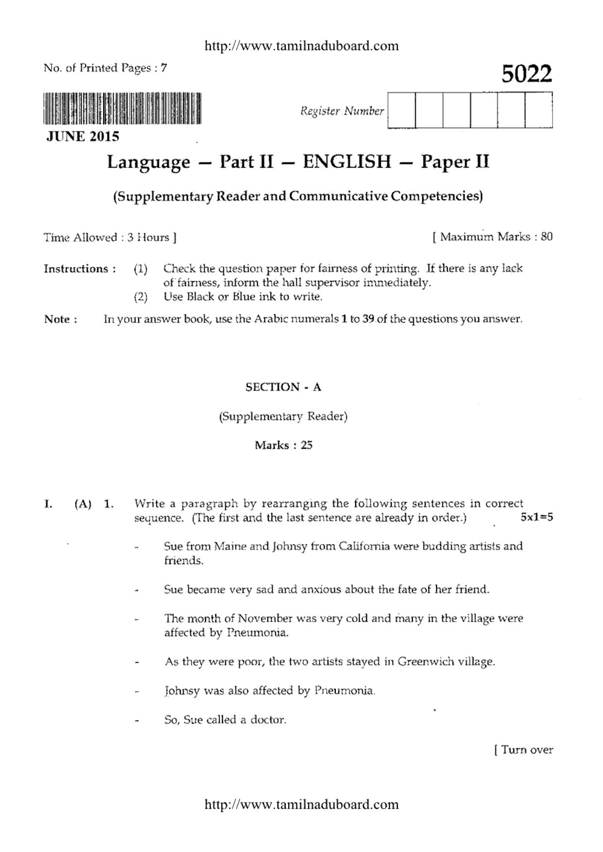 TN Class 12 English Paper 2 Question Papers 2015 - Page 1