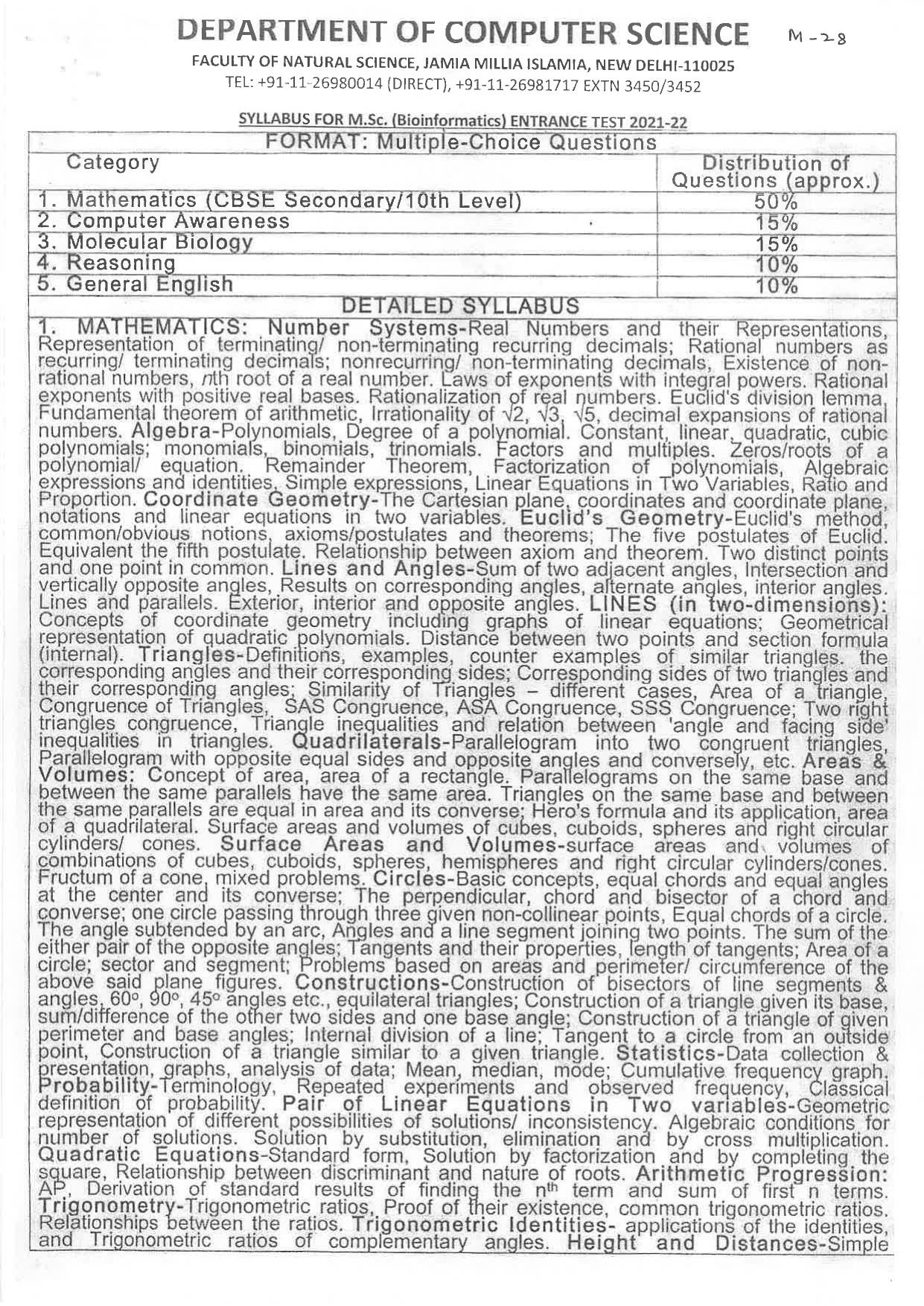 JMI Entrance Exam M28-M.Sc. (Bioinformatics) (Self-Financed, Evening) Syllabus - Page 1