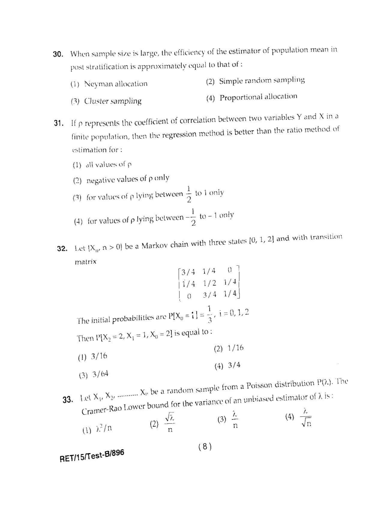 BHU RET STATISTICS SCIENCE 2015 Question Paper - Page 10