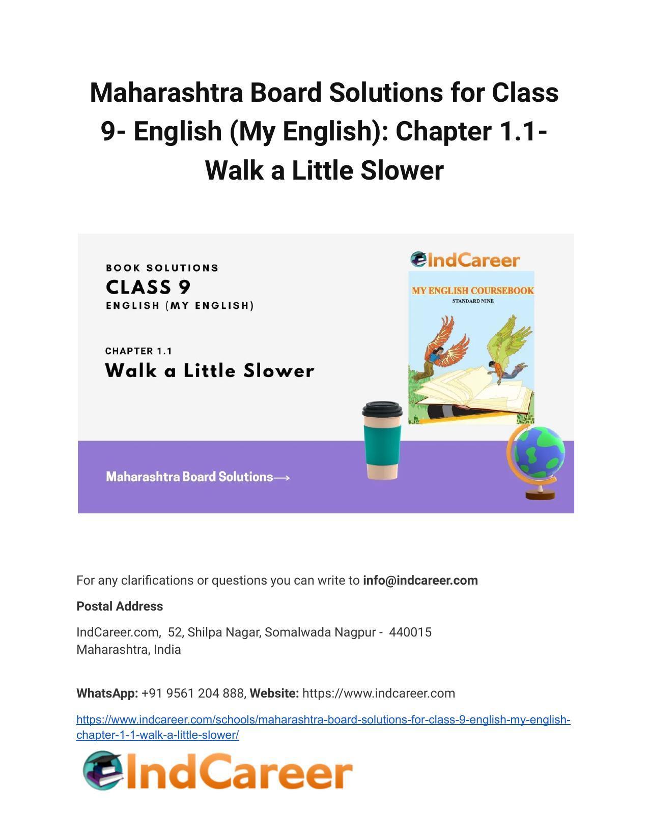 Maharashtra Board Solutions for Class 9- English (My English): Chapter 1.1- Walk a Little Slower - Page 1