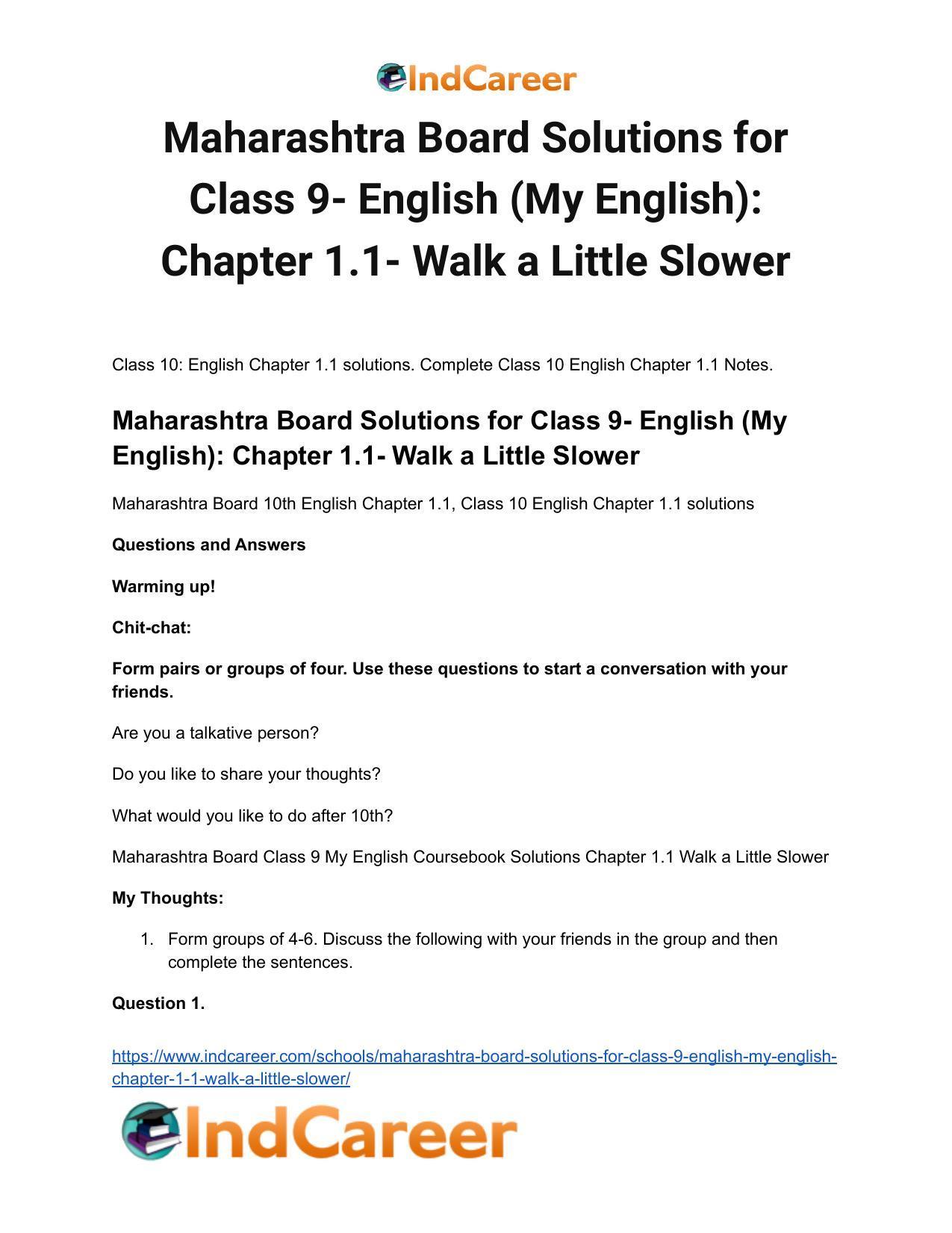 Maharashtra Board Solutions for Class 9- English (My English): Chapter 1.1- Walk a Little Slower - Page 2