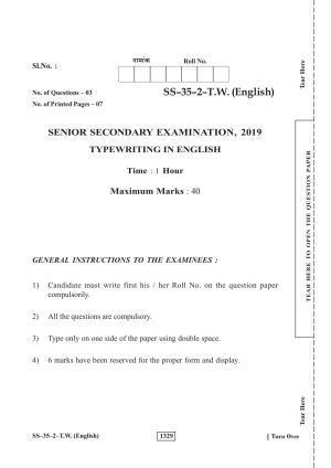 Class 12 2019 Typewriting English Supplementary RBSE Question Paper