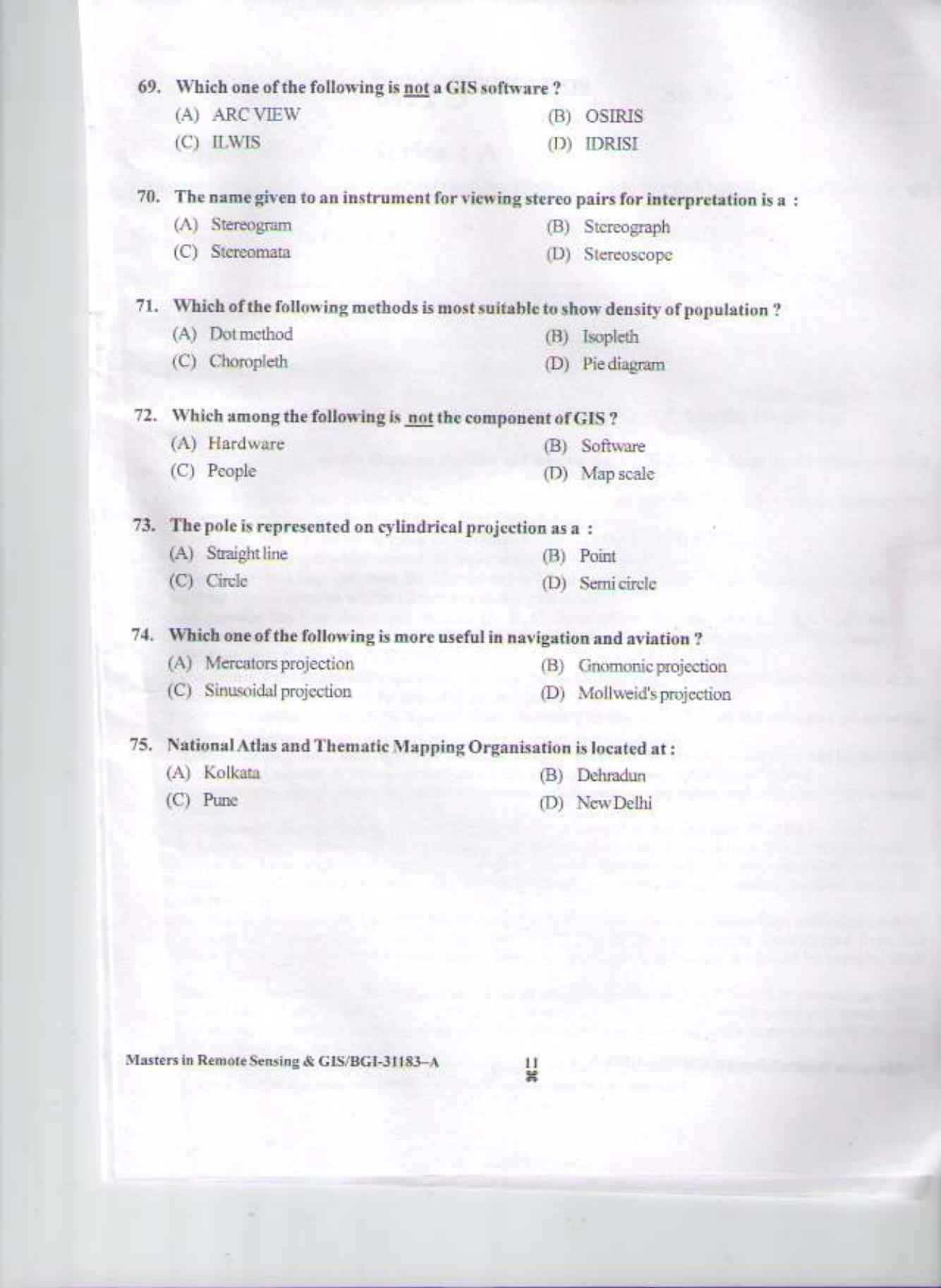 PU CET PG 2015: Masters in Remote Sensing & GIS Question Paper - Page 10