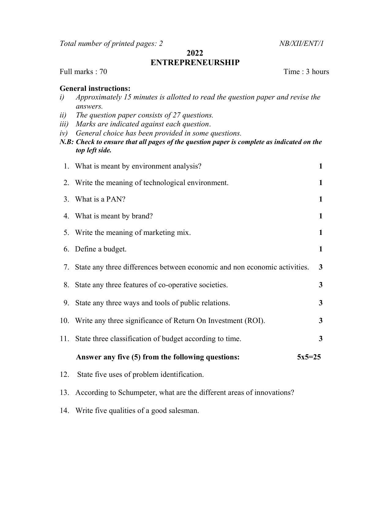 Nagaland Board Class 12 Entrepreneurship 2022 Question Paper - Page 1