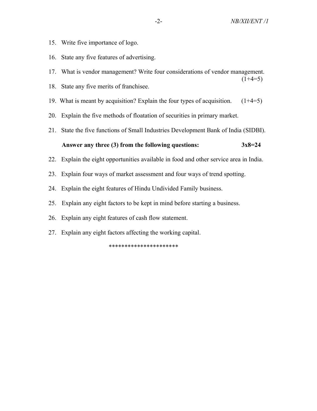 Nagaland Board Class 12 Entrepreneurship 2022 Question Paper - Page 2