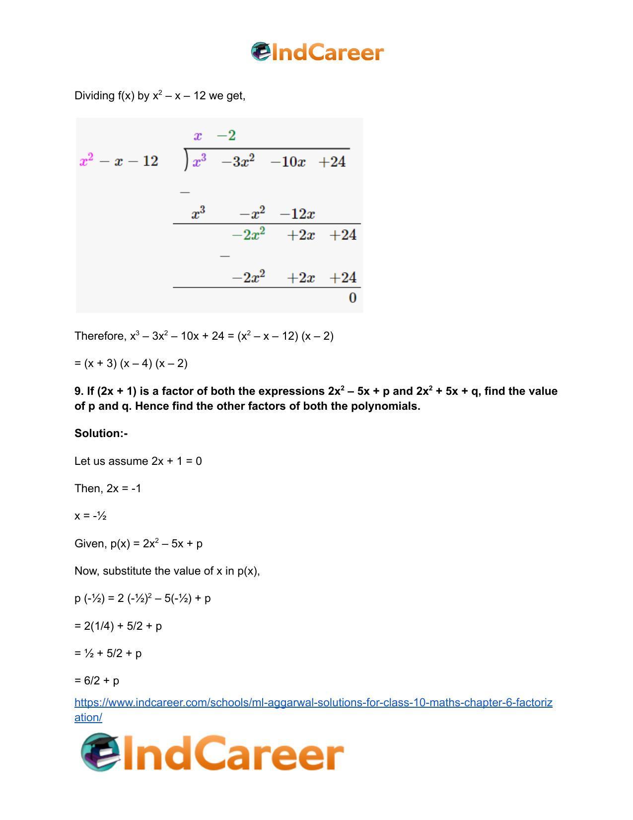 ML Aggarwal Solutions for Class 10 Maths Chapter 6- Factorization - Page 57