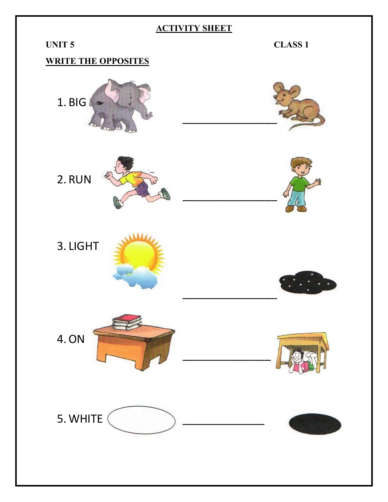 Worksheet for Class 1 English Assignment 26 Write the Opposites - Page 1